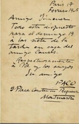 [Carta], 1905 feb 17 [París], a [Pedro] Jiménez, [París] 