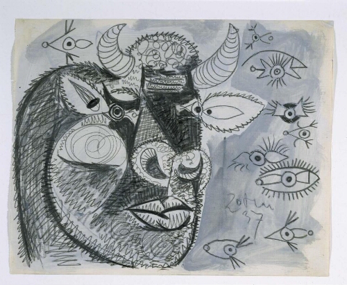 Cabeza del toro con estudios de ojos. Dibujo preparatorio para «Guernica»