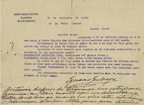 [Carta], 1930 dic. 31, Santiago-Echea, Zumaya (Guipúzcoa), a Pedro Jiménez, Buenos Aires 