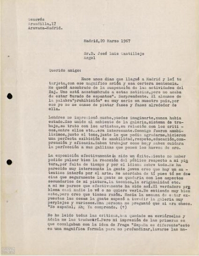 [Carta],1967 marzo 20, Madrid, a José Luis Castillejo, Argel