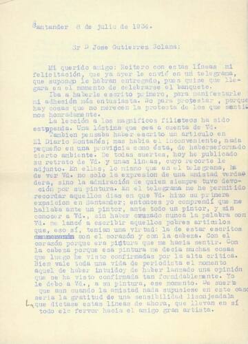 [Carta]: [1934 jul. 8, Santander, a José Gutiérrez Solana] /