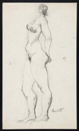 Femme nue debout de profil gauche, mains dans le dos (Mujer desnuda de pie de perfil izquierdo, con las manos en la espalda)