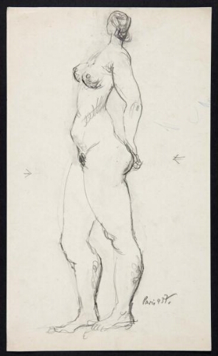 Femme nue debout de profil gauche, mains dans le dos (Mujer desnuda de pie de perfil izquierdo, con las manos en la espalda)