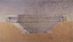 Proyecto de restauración del teatro antiguo de Taormina. Sección paralela a la escena, estado actual