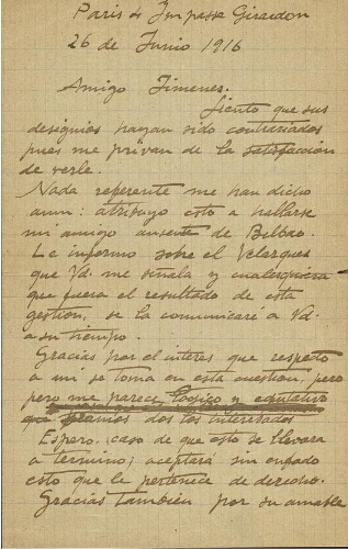 [Carta], 1916  jun. 26, [París], a [Pedro] Jiménez, [París] 
