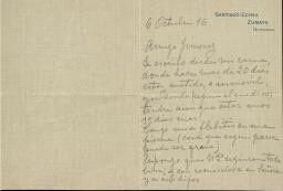 [Carta], 1916 oct. 6, Santiago-Echea, Zumaya (Guipúzcoa), a [Pedro] Jiménez, [San Sebastián] 