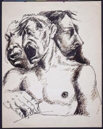 Busto de hombre desnudo con la boca abierta y cabezas de otros a ambos lados