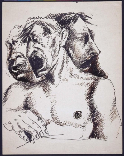 Busto de hombre desnudo con la boca abierta y cabezas de otros a ambos lados