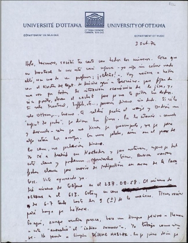 [Carta], 1974 oct. 3, Ottawa, a José Luis Alexanco, [Madrid]