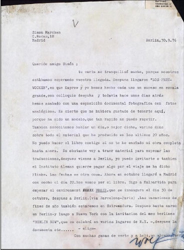 [Carta] 1976 septiembre 30, Berlín, a Simón Marchán, Madrid