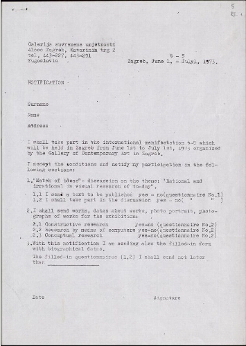 Notification: Zabreb, T-5, June 1-July 1, 1973.