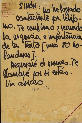 [Carta] 1976 abril, Madrid, a Simón [Marchán]