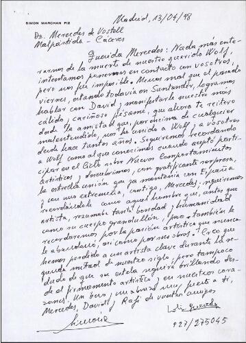 [Carta] 1998 abril 13, Madrid, a Mercedes de Vostell, Malpartida, Cáceres