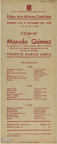 Comiat de Manolo Gómez per incorporar-se a l'Exèrcit Popular, oferint un selecte recital en el que figuren fragments de tota l'obra literaria de l'immortal Federico García Lorca: programa.