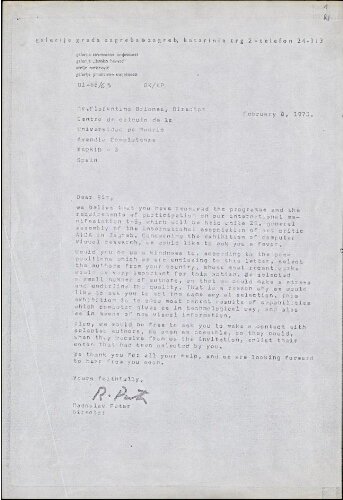 [Letter], 1973 Feb. 8, Zagreb, to Florentino Briones, Centro de Cálculo de la Universidad de Madrid, Avenida Complutense, Madrid.