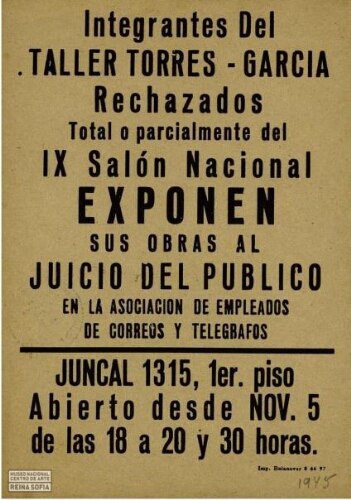 Integrantes del Taller Torres-García rechazados total o parcialmente del IX Salón Nacional exponen sus obras al juicio del público.