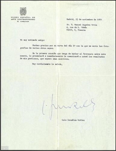 [Carta], Madrid, 25 de noviembre de 1969, a Manuel Ángeles Ortiz, París /