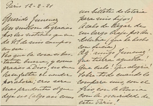 [Carta], 1921 feb. 12, París, a [Pedro] Jiménez, [Buenos Aires] 
