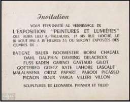 L'exposition "Peintures et lumières" qui aura lieu Vallauris ... le 16 aout 1951: invitation.