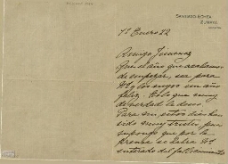 [Carta], 1922 en. 1, Santiago-Echea, Zumaya (Guipúzcoa), a [Pedro] Jiménez, [Buenos Aires] 