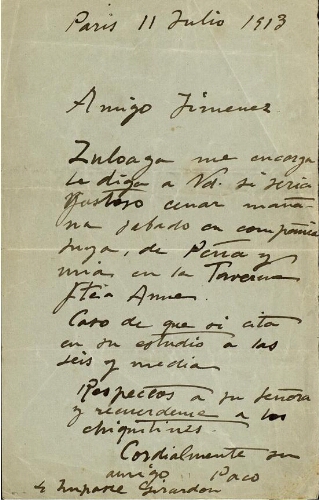 [Carta], 1913 jul. 11, [París], a [Pedro] Jiménez, [París] 