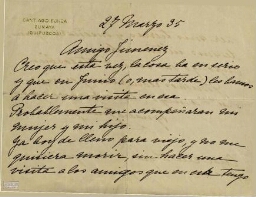 [Carta], 1935 marzo 27, Santiago-Echea, Zumaya (Guipúzcoa), a [Pedro] Jiménez, [Buenos Aires] 