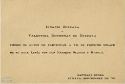 [Invitación de boda], 1930 sept., Santiago-Echea, Zumaya, a [Pedro Jiménez y familia], [Buenos Aires].