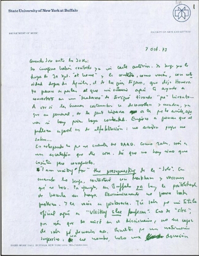 [Carta], 1973 oct. 7, Buffalo, a José Luis Alexanco, [Madrid]