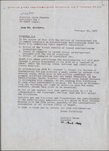 [Letter], 1973 Feb. 20, Zagreb, to Alexanco, [Madrid]