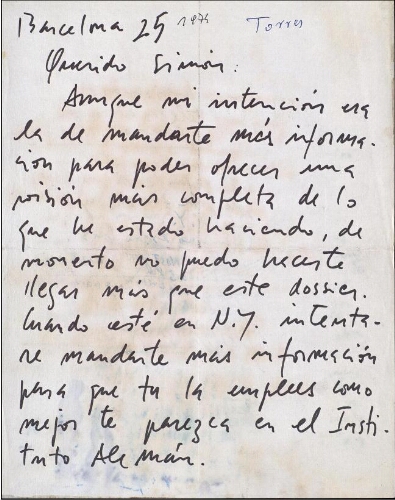 [Carta] 1974, Barcelona, a Simón [Marchán]