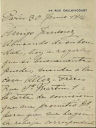 [Carta], 1914 jun. 30, París, a [Pedro] Jiménez, [París]