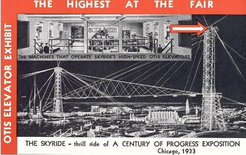 Otis elevator exhibit, the highest at the fair: the skyride, thrill ride of a Century of Progress Exhibition, Chicago, 1933.