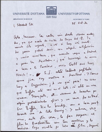 [Carta], 1974 oct. 25, Ottawa, a José Luis Alexanco, [Madrid]