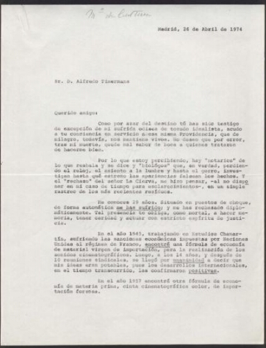 [Carta] 1974 abril 26, a Alfredo Timermans, Madrid