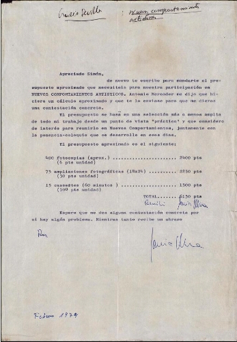 [Carta] 1974 feb., [Barcelona?], a Simón Marchán