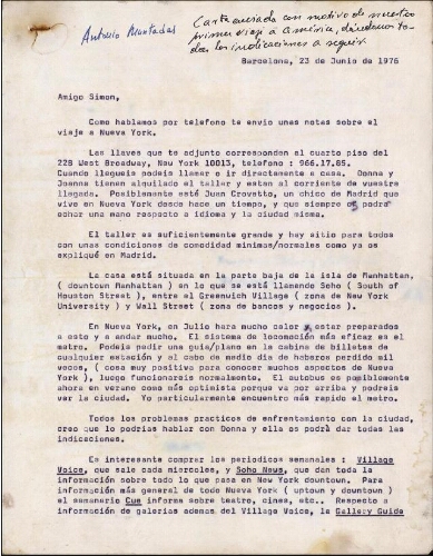 [Carta] 1976 junio 23, Barcelona, a Simón [Marchán]