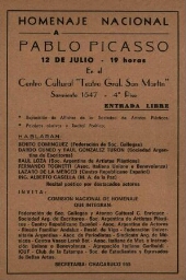 Homenaje nacional a Pablo Picasso, 12 de julio, 19 horas, en el Centro Cultural "Teatro Gral. San Martín", Sarmiento 1547.