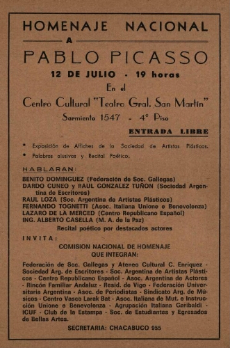 Homenaje nacional a Pablo Picasso, 12 de julio, 19 horas, en el Centro Cultural "Teatro Gral. San Martín", Sarmiento 1547.