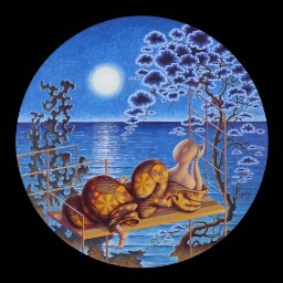 Artista meditando mientras contempla la luna