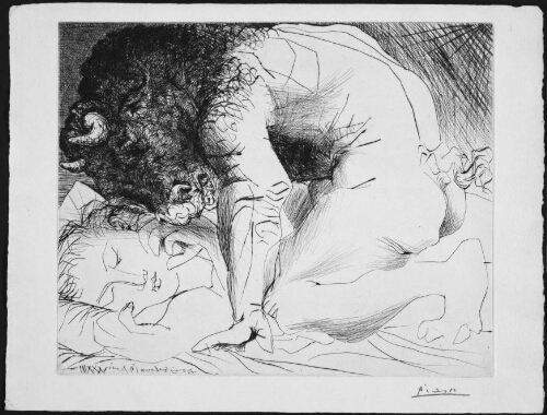 Minotaure caressant une Dormeuse (Minotauro acariciando una mujer dormida)