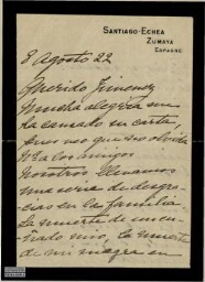 [Carta], 1922 ag. 8, Santiago-Echea, Zumaya (Guipúzcoa), a [Pedro] Jiménez, [Buenos Aires] 