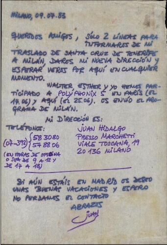 [Carta] 1983 julio 9, Milán, [a Simón Marchán y Loli Quevedo]