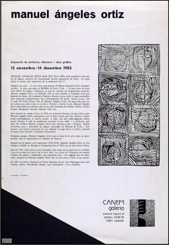 Manuel Ángeles Ortiz: exposició de pintures, dibuixos i obra gràfica : 15 novembre-14 desembre 1985, Canem Galería, Castelló.
