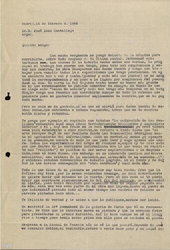 [Carta], 1966 feb. 14, Madrid, a José Luis Castillejo, Argel