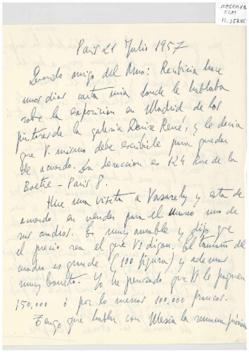 [Carta], 1957 jul. 21, París, a [José Luis Fernández] del Amo, [Madrid]