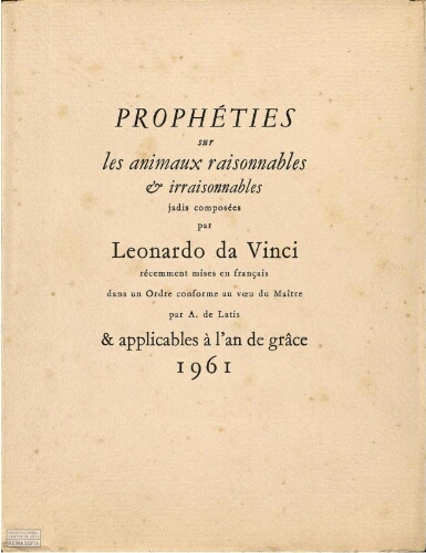 Propheties sur les animaux raisonnables et irrasionnables: jadis composees par Leonardo da Vinci