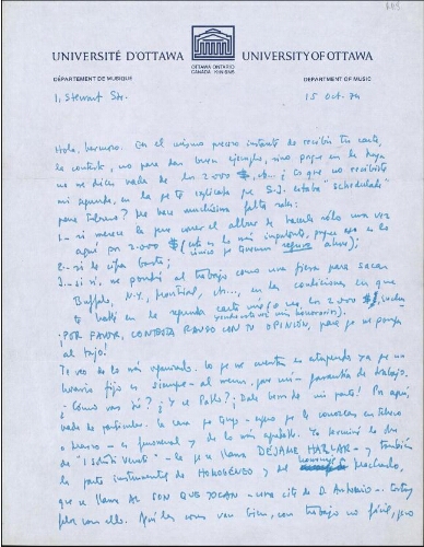 [Carta], 1974 oct. 15, Ottawa, a José Luis Alexanco, [Madrid]