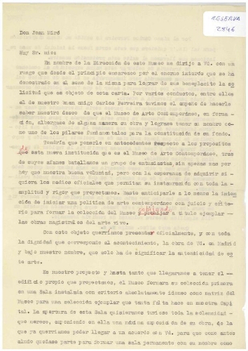 [Borrador de carta], [1956?], Madrid, a Joan Miró