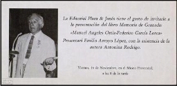 La editorial Plaza y Janés tienen el gusto de invitarle a la presentacion del libro "Memoria de Granada: Manuel Ángeles Ortiz - Federico García Lorca".