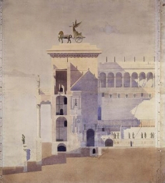 Proyecto de restauración del teatro antiguo de Taormina. Sección perpendicular a la escena